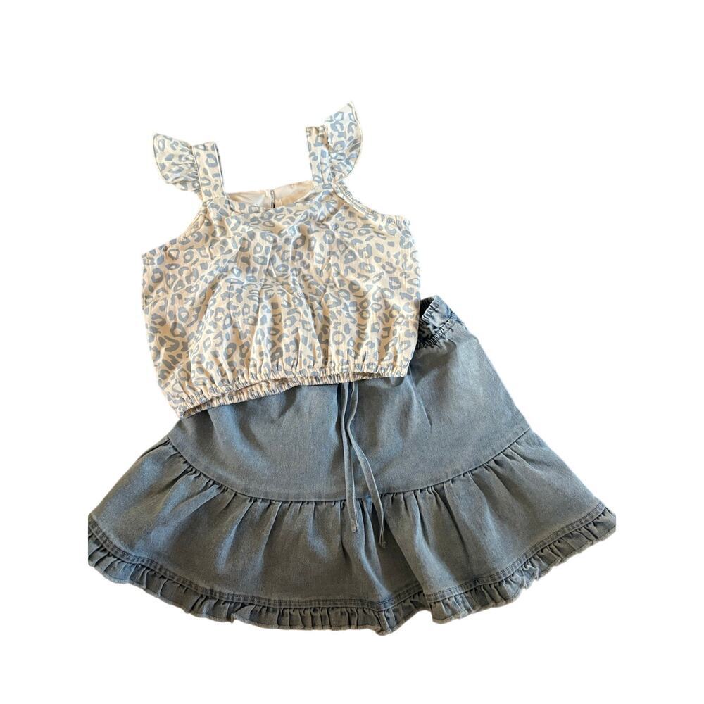Mabel + Honey Girls Size 6 2 Pc Outfit Blue Leopard Top Chambray Ruffle Skirt